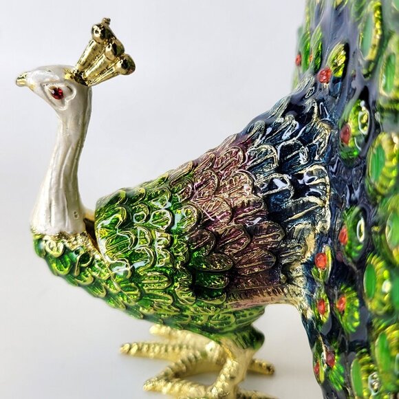 Peacock Decorative Box Trinket Jewelry Box Hinged Jeweled Gold Enamel Painted - Picture 6 of 13
